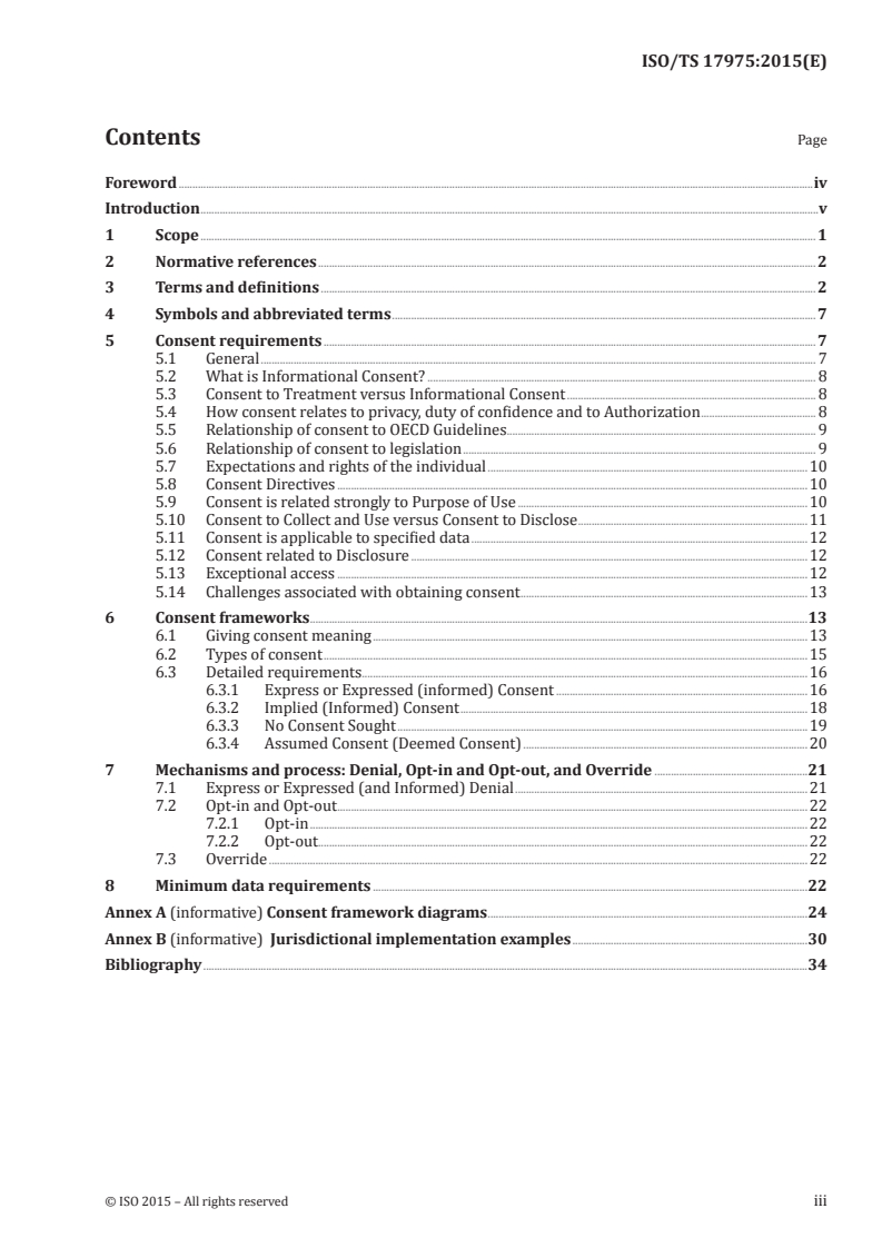 ISO/TS 17975:2015 ISO/TS 17975:2015 - Health informatics — Principles and data requirements for consent in the Collection, Use or Disclosure of personal health information/18/2015 - Page 3 preview