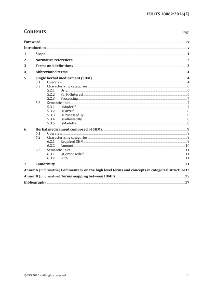 ISO/TS 18062:2016 ISO/TS 18062:2016 - Health informatics — Categorial structure for representation of herbal medicaments in terminological systems/8/2016 - Page 3 preview