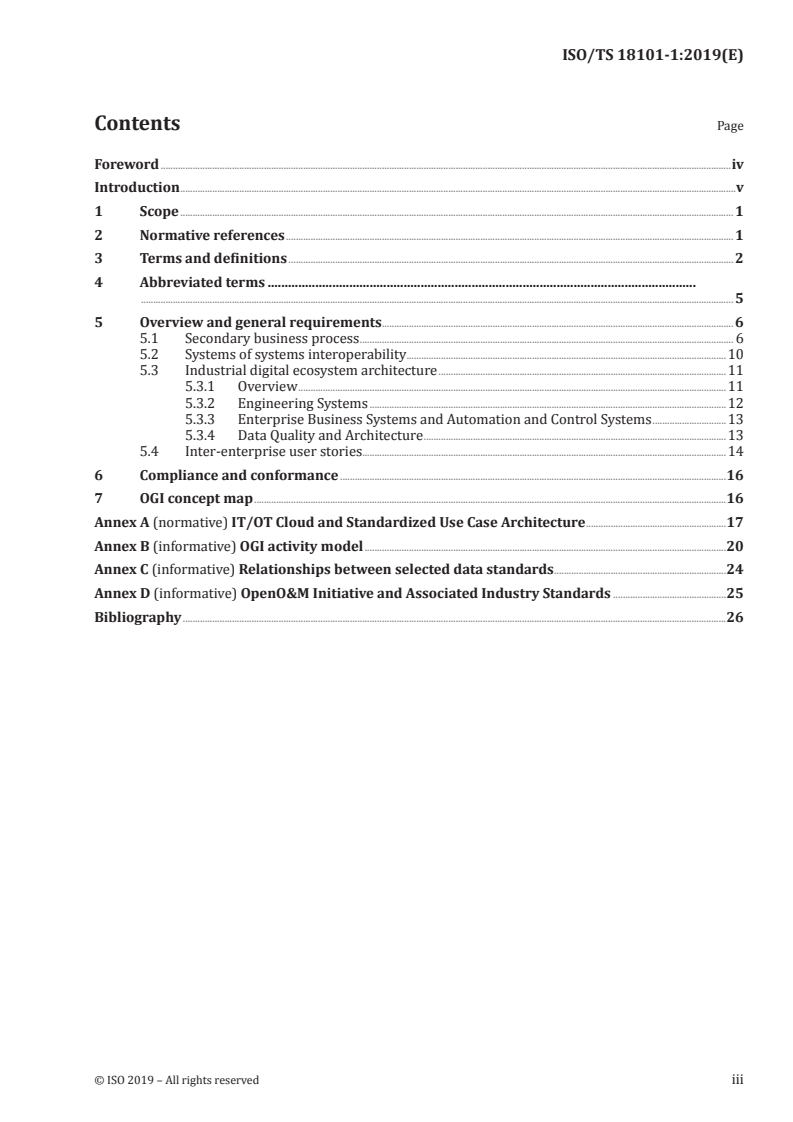 ISO/TS 18101-1:2019 ISO/TS 18101-1:2019 - Automation systems and integration — Oil and gas interoperability — Part 1: Overview and fundamental principles/4/2019 - Page 3 preview