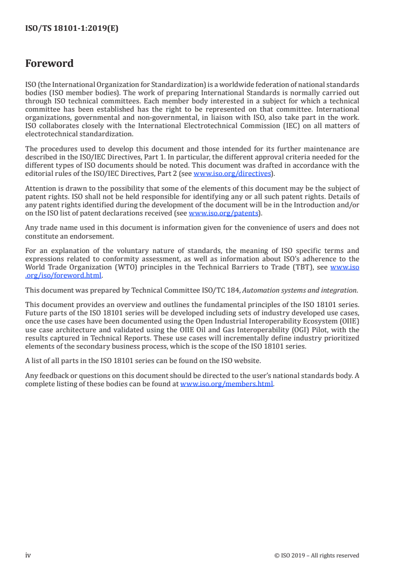 ISO/TS 18101-1:2019 ISO/TS 18101-1:2019 - Automation systems and integration — Oil and gas interoperability — Part 1: Overview and fundamental principles/4/2019 - Page 4 preview