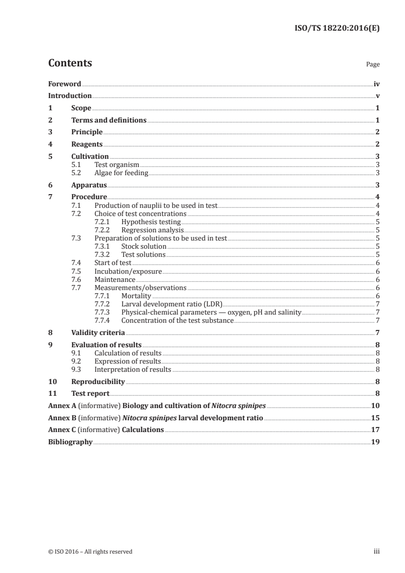 ISO/TS 18220:2016 ISO/TS 18220:2016 - Water quality — Larval development test with the harpacticoid copepod Nitocra spinipes/16/2016 - Page 3 preview