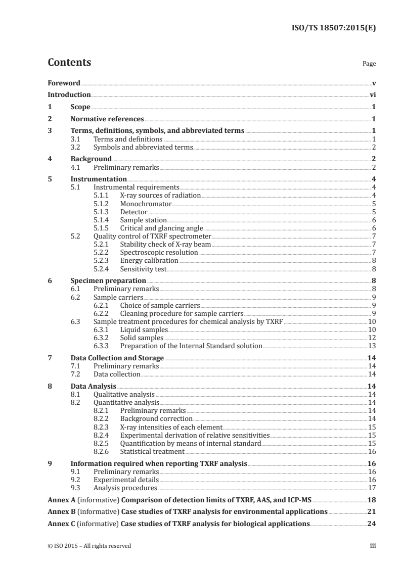 ISO/TS 18507:2015 ISO/TS 18507:2015 - Surface chemical analysis — Use of Total Reflection X-ray Fluorescence spectroscopy in biological and environmental analysis/22/2015 - Page 3 preview