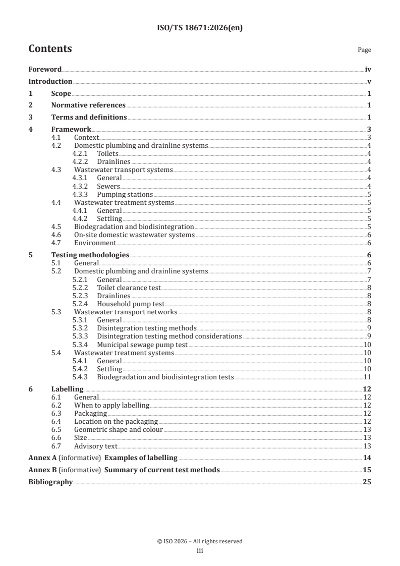 ISO/TS 18671:2026 ISO/TS 18671:2026 - Test methodologies for assessing the compatibility of wet wipes and moist toilet tissue with the wastewater collection and treatment systems, and appropriate labelling - Page 3 preview