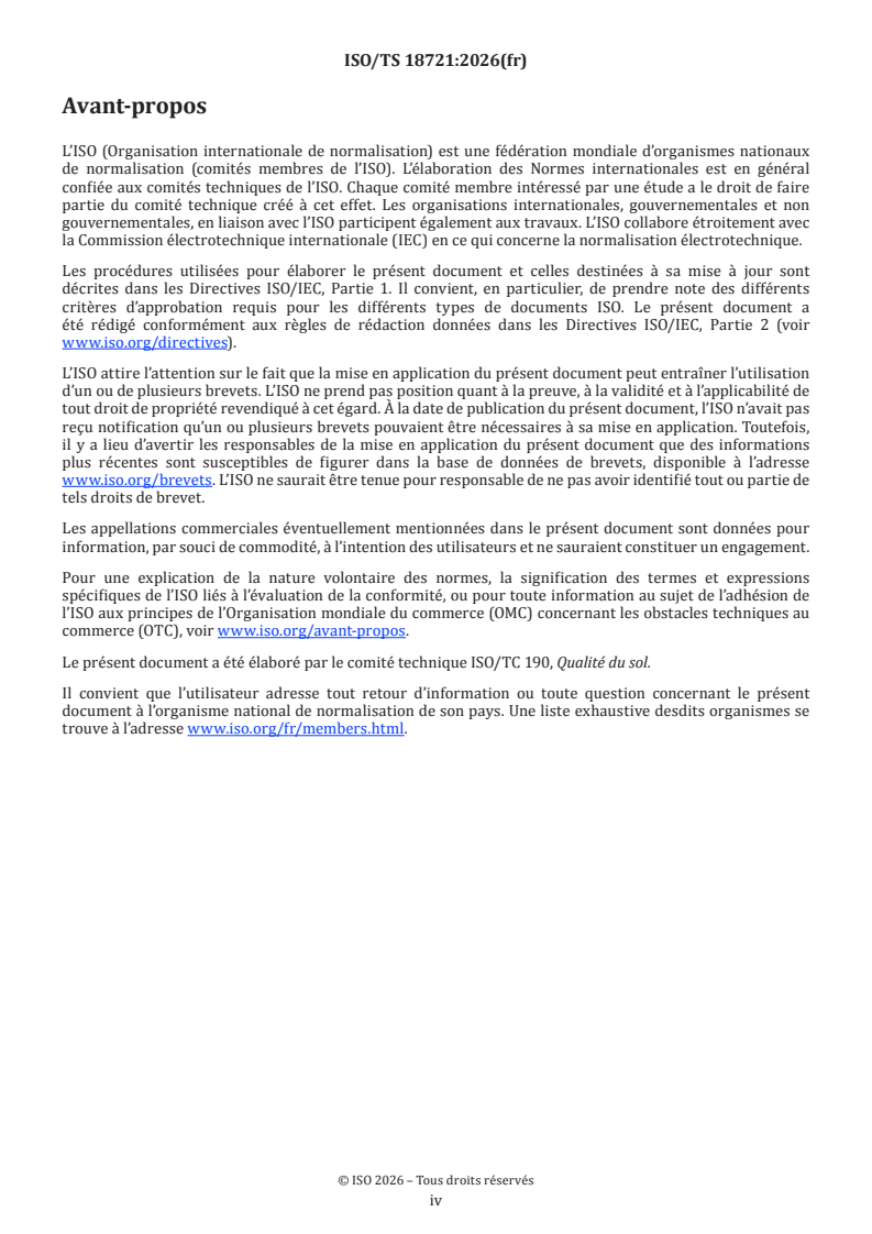ISO/TS 18721:2026 ISO/TS 18721:2026 - Fonctions écologiques des sols — Caractéristiques, indicateurs et méthodes - Page 4 preview