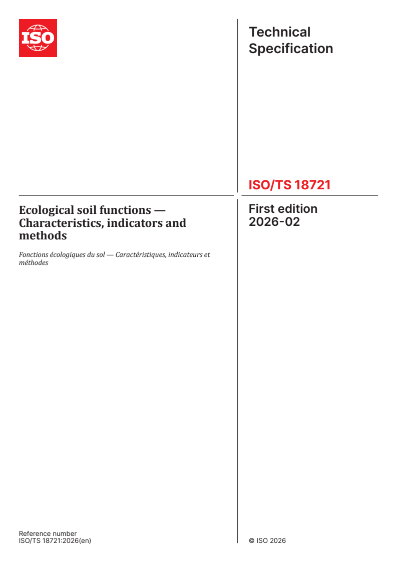 ISO/TS 18721:2026 ISO/TS 18721:2026 - Ecological soil functions — Characteristics, indicators and methods - Page 1 preview