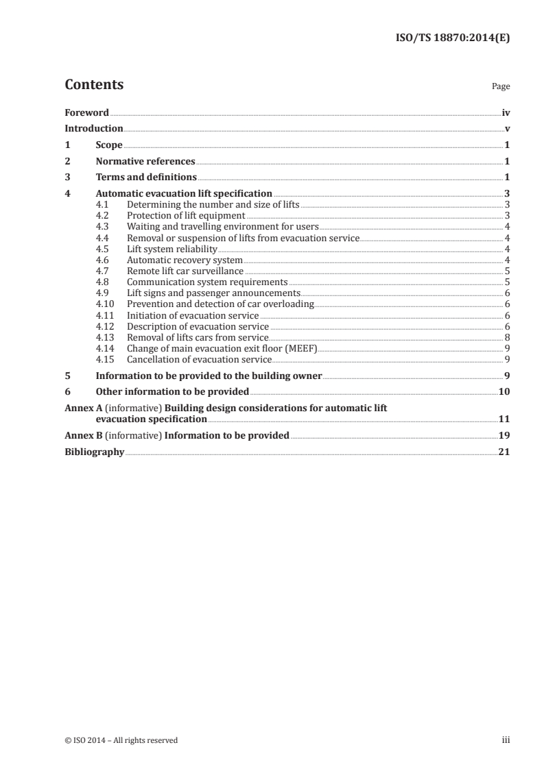 ISO/TS 18870:2014 ISO/TS 18870:2014 - Lifts (elevators) — Requirements for lifts used to assist in building evacuation/19/2014 - Page 3 preview