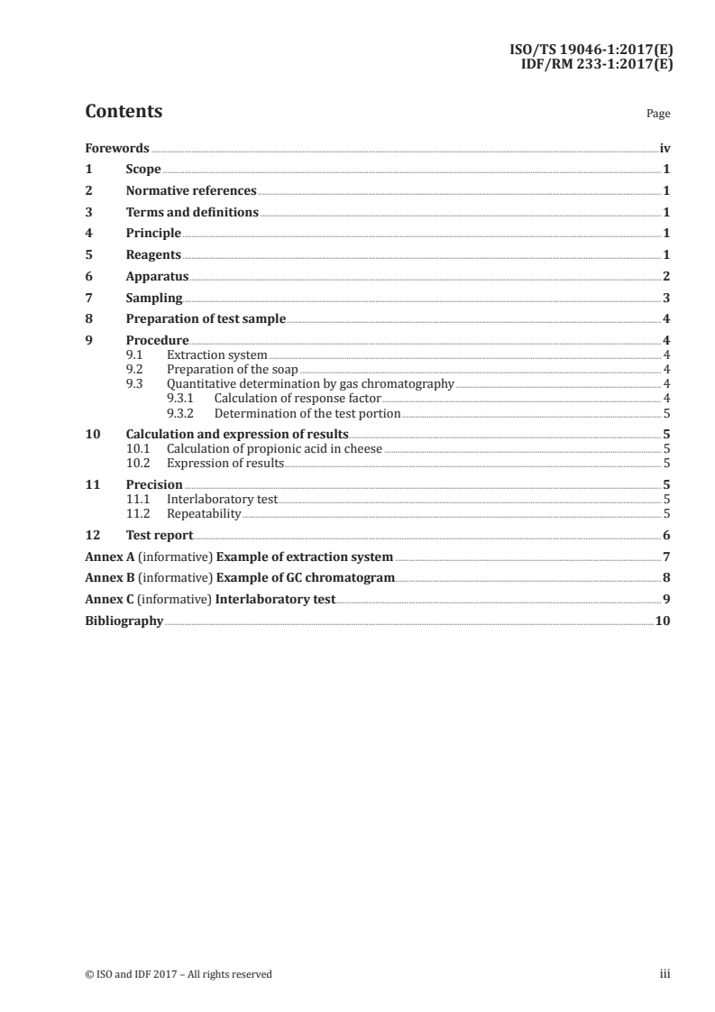 ISO/TS 19046-1:2017 ISO/TS 19046-1:2017 - Cheese — Determination of propionic acid level by chromatography — Part 1: Method by gas chromatography/16/2017 - Page 3 preview