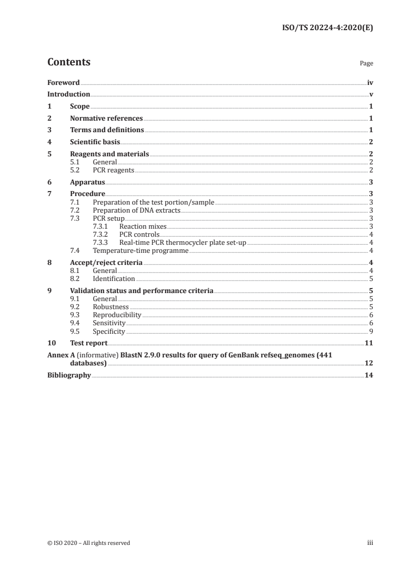 ISO/TS 20224-4:2020 ISO/TS 20224-4:2020 - Molecular biomarker analysis — Detection of animal-derived materials in foodstuffs and feedstuffs by real-time PCR — Part 4: Chicken DNA detection method/31/2020 - Page 3 preview