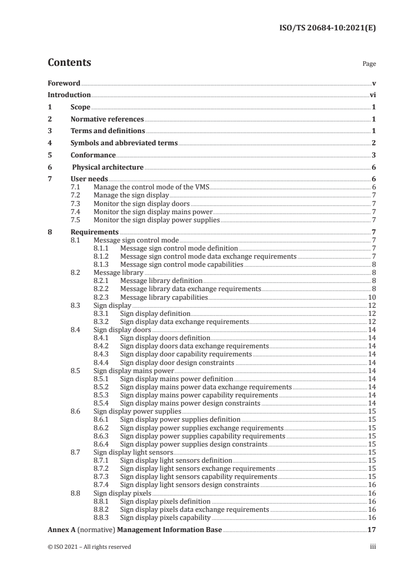 ISO/TS 20684-10:2021 ISO/TS 20684-10:2021 - Intelligent transport systems — Roadside modules SNMP data interface — Part 10: Variable message signs/7/2021 - Page 3 preview