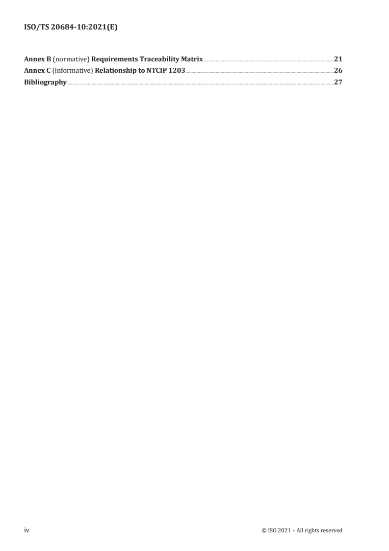 ISO/TS 20684-10:2021 ISO/TS 20684-10:2021 - Intelligent transport systems — Roadside modules SNMP data interface — Part 10: Variable message signs/7/2021 - Page 4 preview