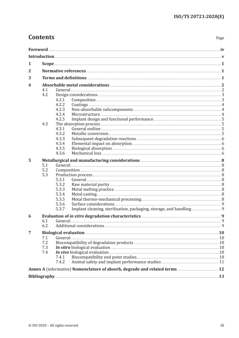 ISO/TS 20721:2020 ISO/TS 20721:2020 - Implants for surgery — General guidelines and requirements for assessment of absorbable metallic implants/15/2020 - Page 3 preview