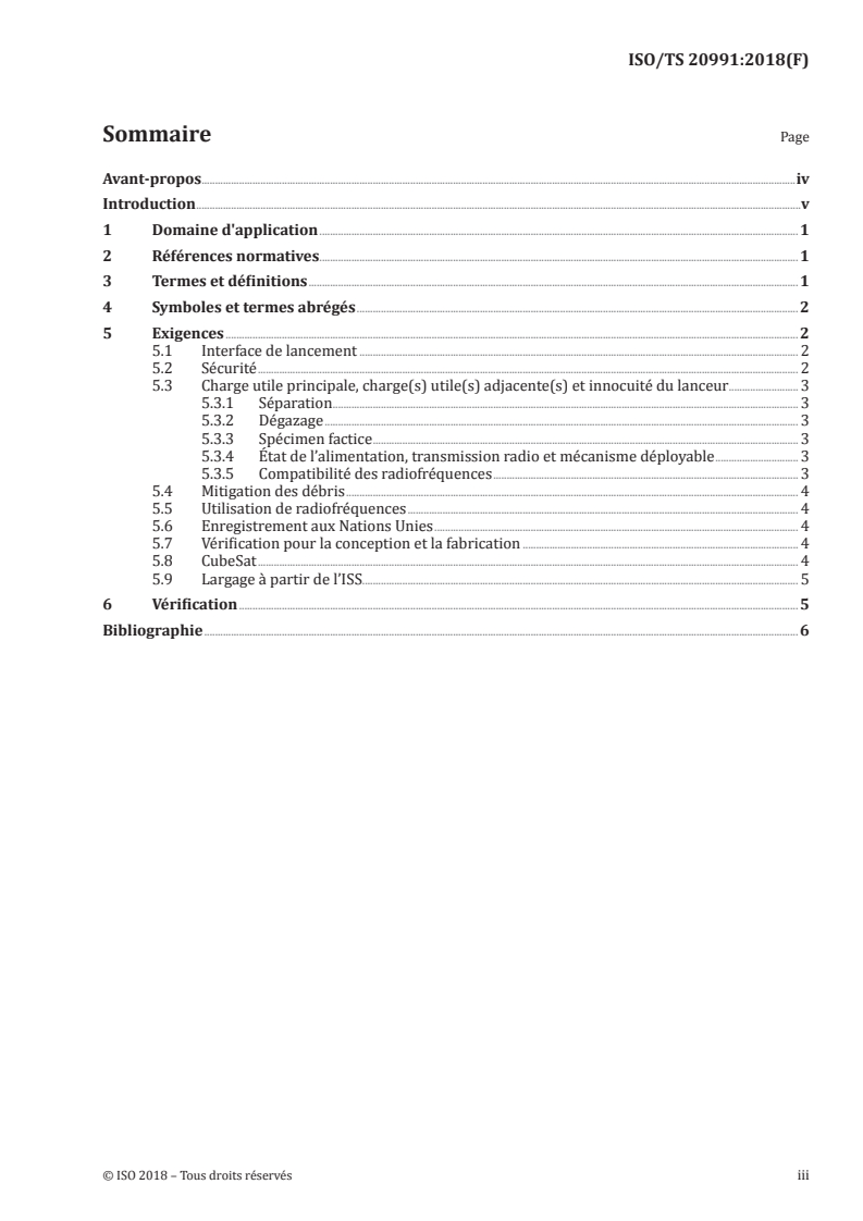 ISO/TS 20991:2018 ISO/TS 20991:2018 - Systèmes spatiaux — Exigences relatives aux petits engins spatiaux/20/2018 - Page 3 preview