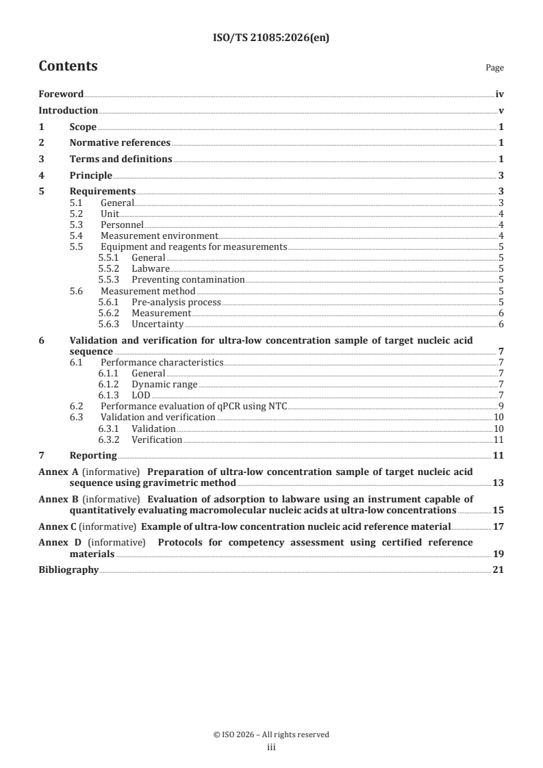ISO/TS 21085:2026 ISO/TS 21085:2026 - Biotechnology — General requirements for the measurement of ultra-low concentration samples of target nucleic acid sequence - Page 3 preview