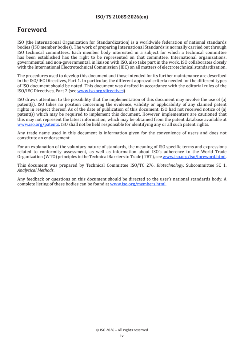 ISO/TS 21085:2026 ISO/TS 21085:2026 - Biotechnology — General requirements for the measurement of ultra-low concentration samples of target nucleic acid sequence - Page 4 preview