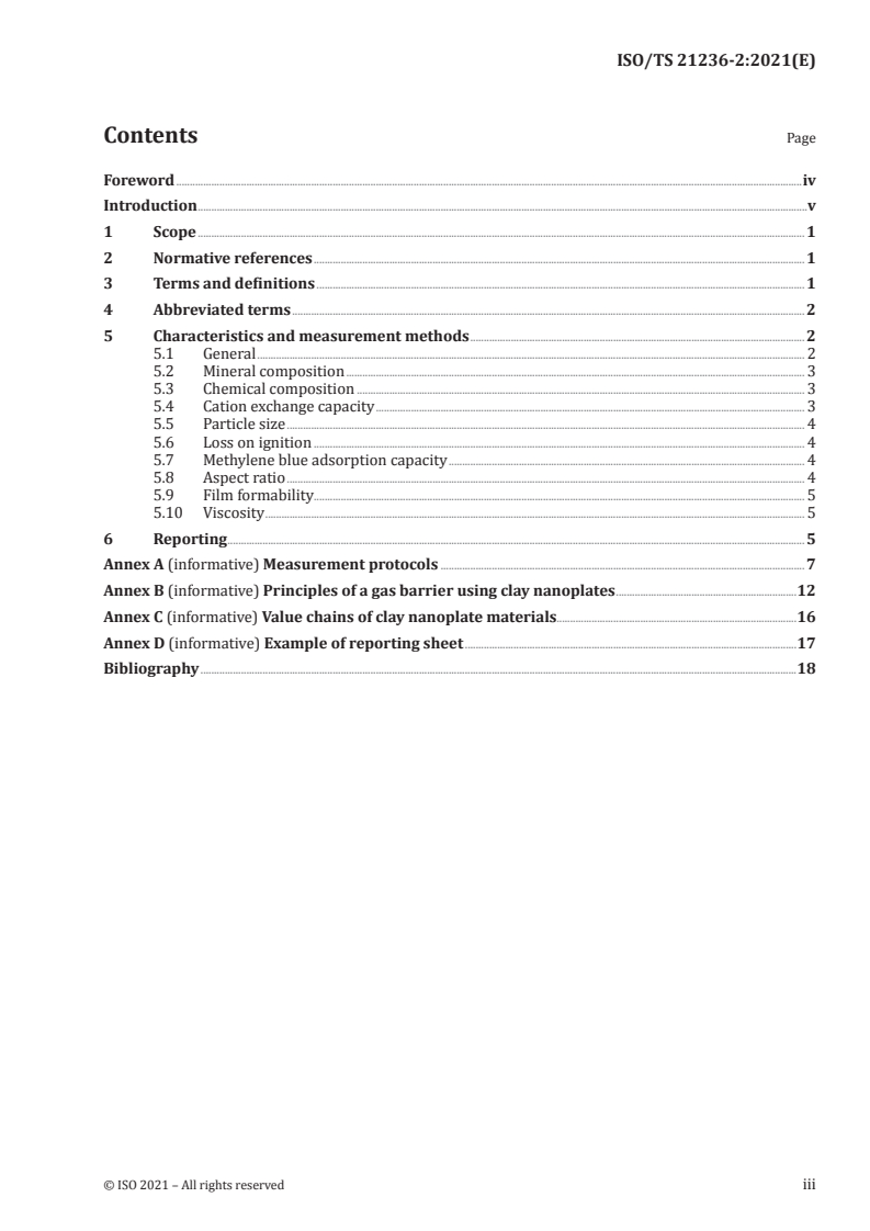 ISO/TS 21236-2:2021 ISO/TS 21236-2:2021 - Nanotechnologies — Clay nanomaterials — Part 2: Specification of characteristics and measurements for clay nanoplates used for gas-barrier film applications/7/2021 - Page 3 preview