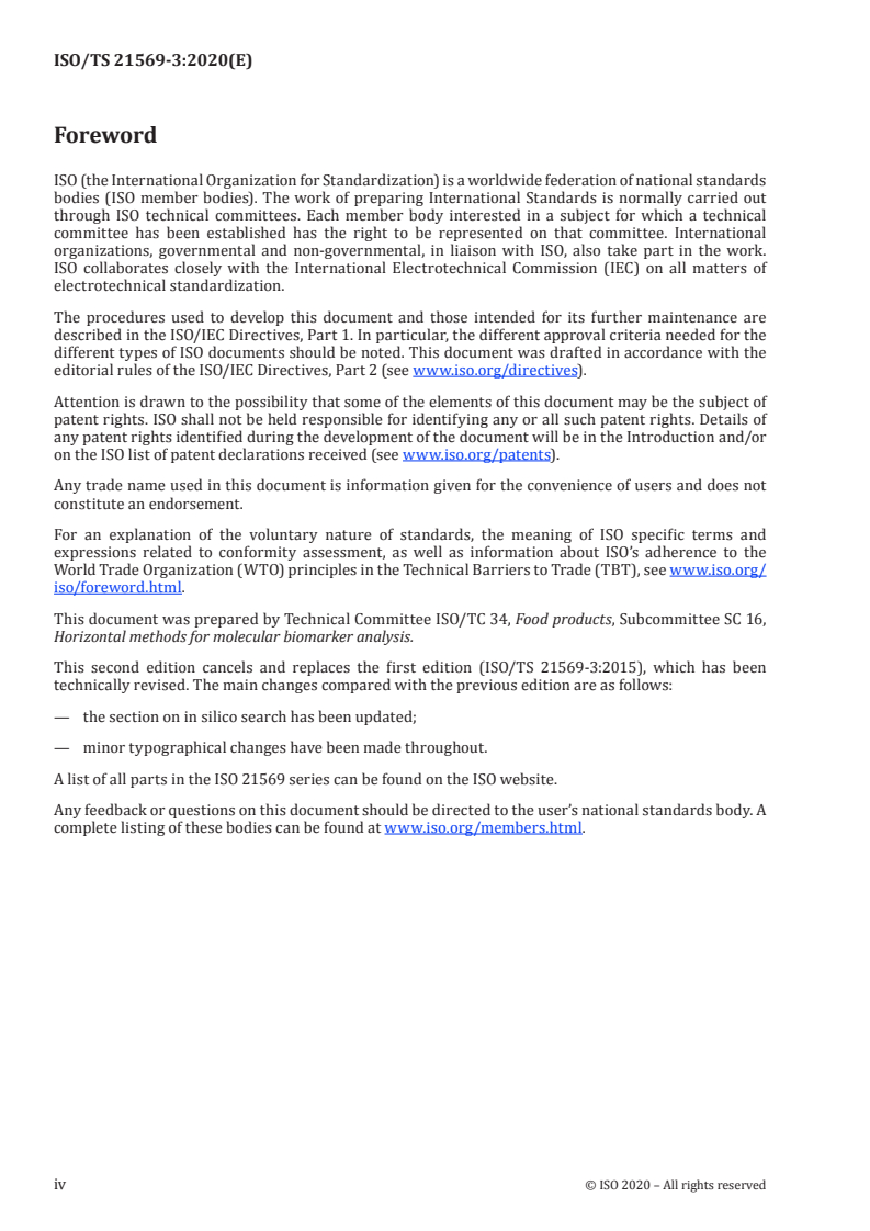 ISO/TS 21569-3:2020 ISO/TS 21569-3:2020 - Horizontal methods for molecular biomarker analysis — Methods of analysis for the detection of genetically modified organisms and derived products — Part 3: Construct-specific real-time PCR method for detection of P35S-pat-sequence for screening for genetically modified organisms/30/2020 - Page 4 preview