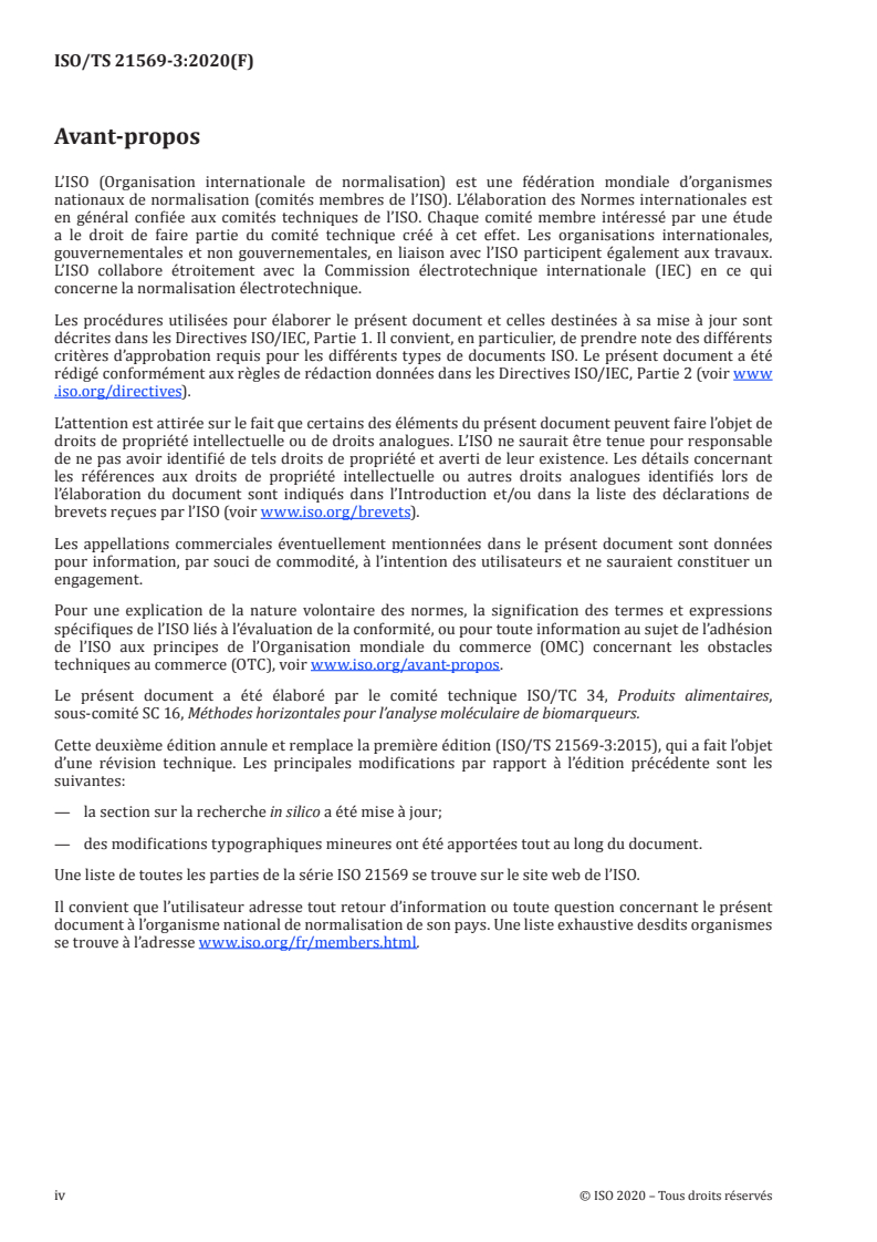 ISO/TS 21569-3:2020 ISO/TS 21569-3:2020 - Méthodes horizontales d'analyse moléculaire de biomarqueurs — Méthodes d'analyse pour la détection des organismes génétiquement modifiés et des produits dérivés — Partie 3: Méthode PCR en temps réel construit-spécifique pour la détection de la séquence P35S-pat pour criblage des organismes génétiquement modifiés/9/2020 - Page 4 preview