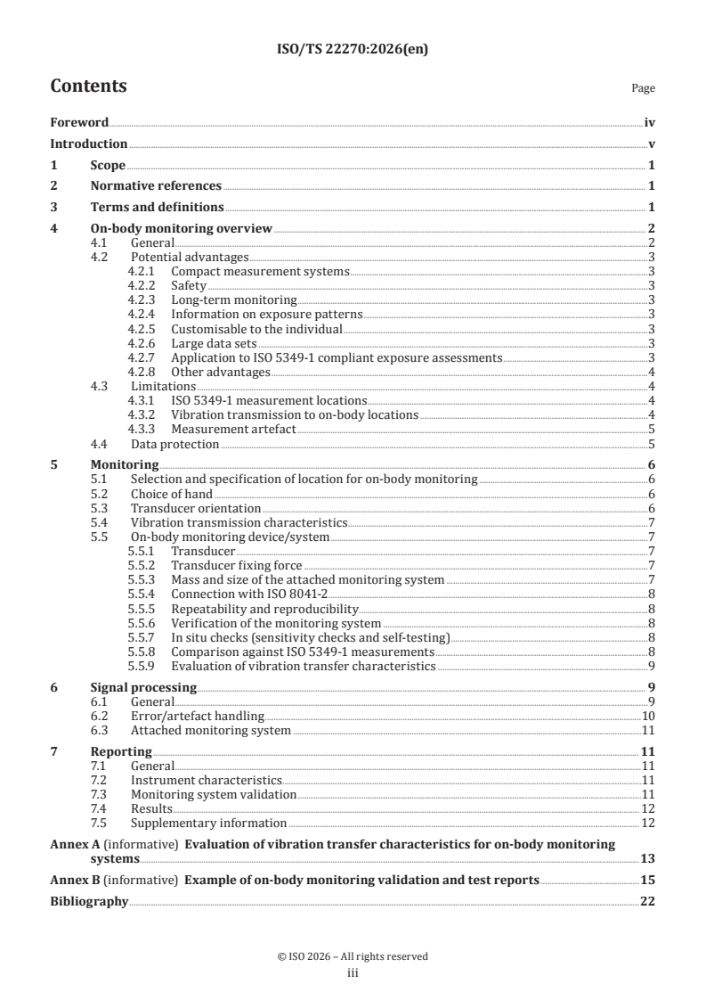 ISO/TS 22270:2026 ISO/TS 22270:2026 - Mechanical vibration — Practical guidance and requirements for the monitoring and measurement of hand-transmitted vibration on the hand, wrist or forearm - Page 3 preview