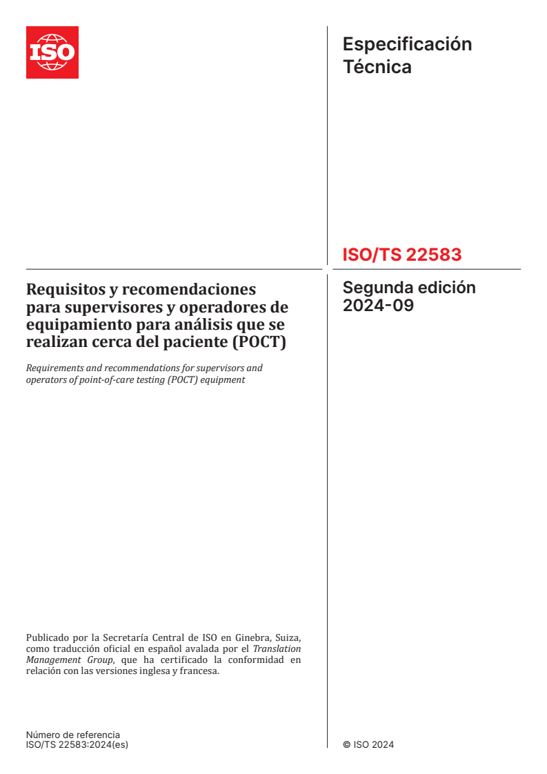 ISO/TS 22583:2024 ISO/TS 22583:2024 - Requirements and recommendations for supervisors and operators of point-of-care testing (POCT) equipment
Released:17. 11. 2025