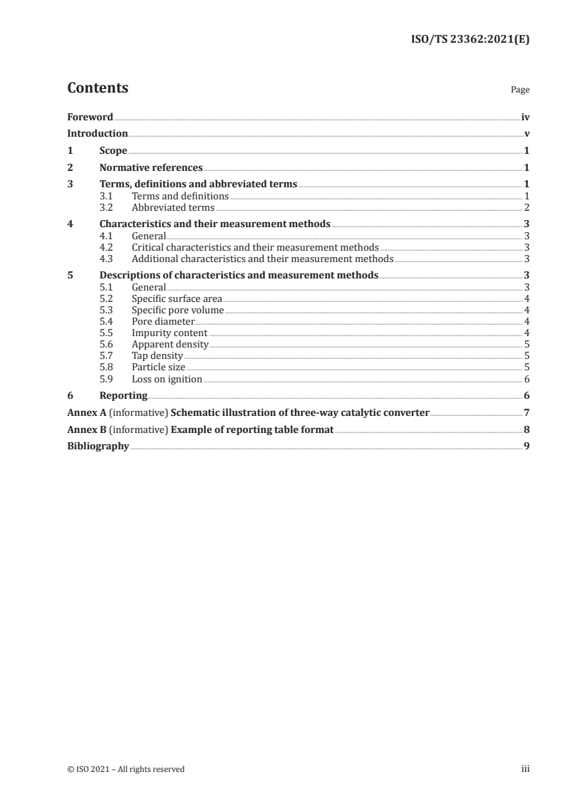 ISO/TS 23362:2021 ISO/TS 23362:2021 - Nanotechnologies — Nanostructured porous alumina as catalyst support for vehicle exhaust emission control — Specification of characteristics and measurement methods/8/2021 - Page 3 preview