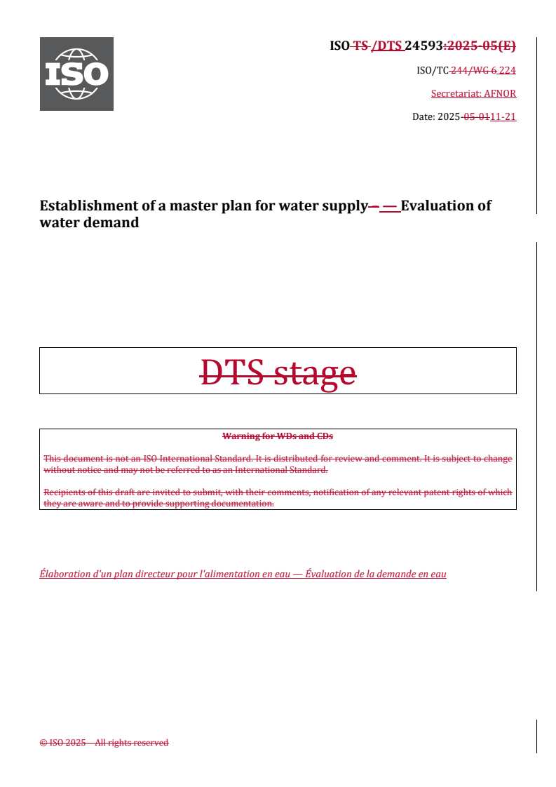 ISO/TS 24593 REDLINE ISO/TS 24593 - Establishment of a master plan for water supply — Evaluation of water demand/21/2025 - Page 1 preview