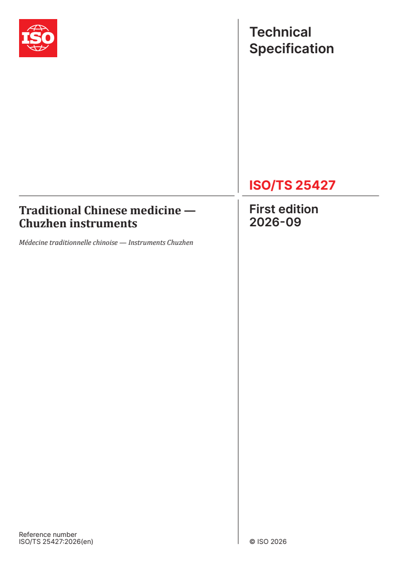 ISO/TS 25427:2026 ISO/TS 25427:2026 - Traditional Chinese medicine — Chuzhen instruments - Page 1 preview