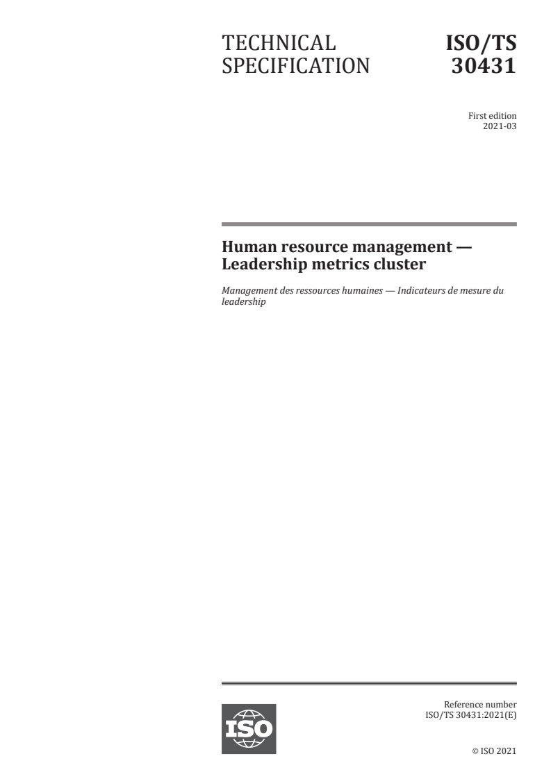 ISO/TS 30431:2021 ISO/TS 30431:2021 - Human resource management — Leadership metrics cluster/23/2021 - Page 1 preview