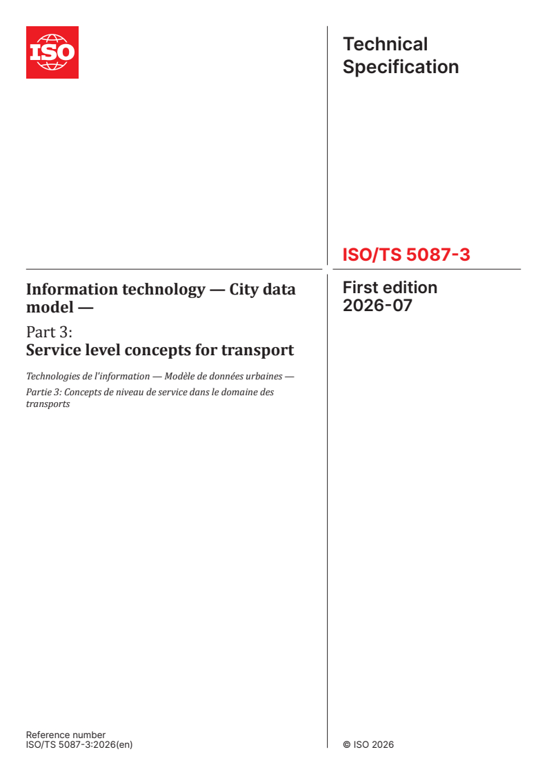 ISO/TS 5087-3:2026 ISO/TS 5087-3:2026 - Information technology — City data model — Part 3: Service level concepts for transport - Page 1 preview