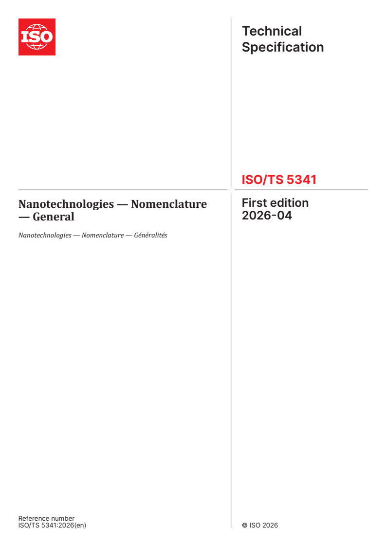 ISO/TS 5341:2026 ISO/TS 5341:2026 - Nanotechnologies — Nomenclature — General - Page 1 preview