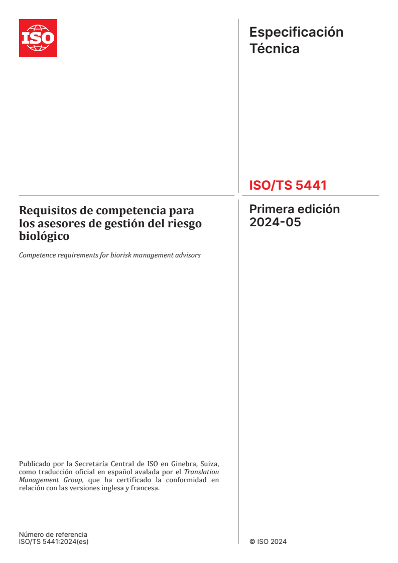 ISO/TS 5441:2024 - Competence requirements for biorisk management advisors
Released:16. 06. 2025