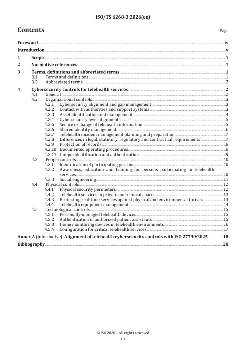 ISO/TS 6268-3:2026 ISO/TS 6268-3:2026 - Health informatics — Cybersecurity framework for telehealth environments — Part 3: Cybersecurity controls of telehealth - Page 3 preview