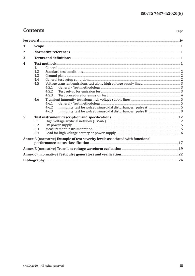 ISO/TS 7637-4:2020 ISO/TS 7637-4:2020 - Road Vehicles — Electrical disturbance by conduction and coupling — Part 4: Electrical transient conduction along shielded high voltage supply lines only/6/2020 - Page 3 preview