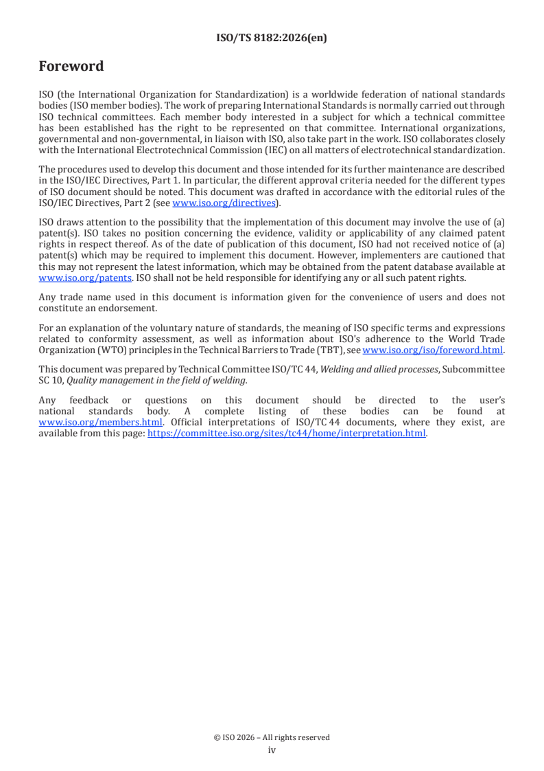 ISO/TS 8182:2026 ISO/TS 8182:2026 - Welding and allied processes — Requirements and recommendations for the use of the welding parameters related to the arc energy for qualification and specification of welding procedures - Page 4 preview