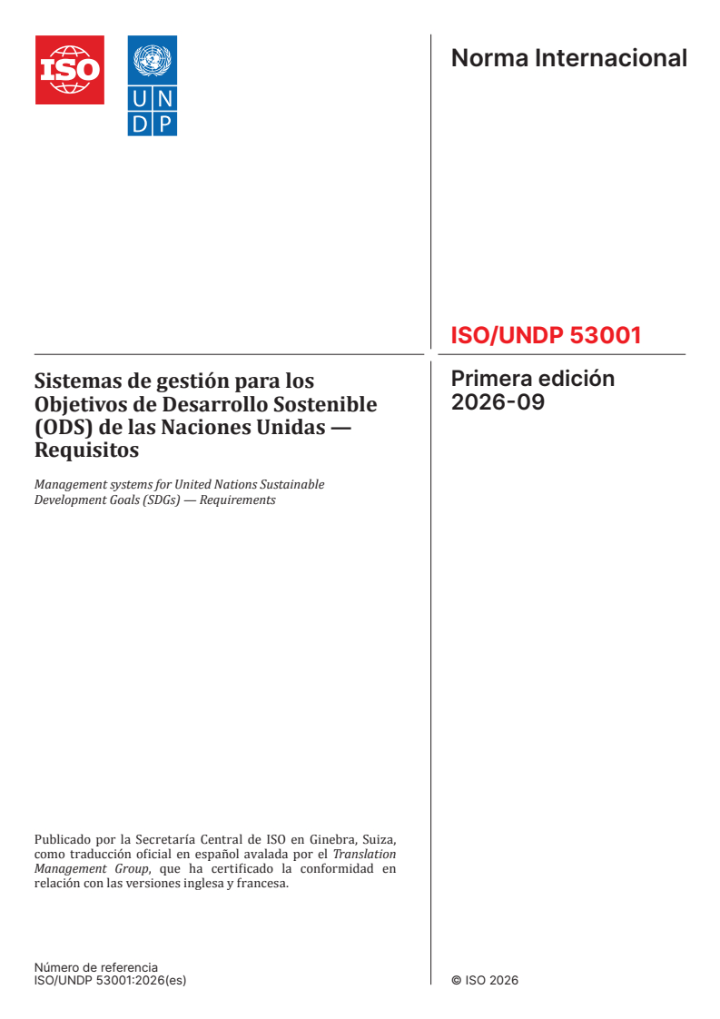 ISO/UNDP 53001:2026 ISO/UNDP 53001:2026 - Management systems for United Nations Sustainable Development Goals (SDGs) — Requirements - Page 1 preview