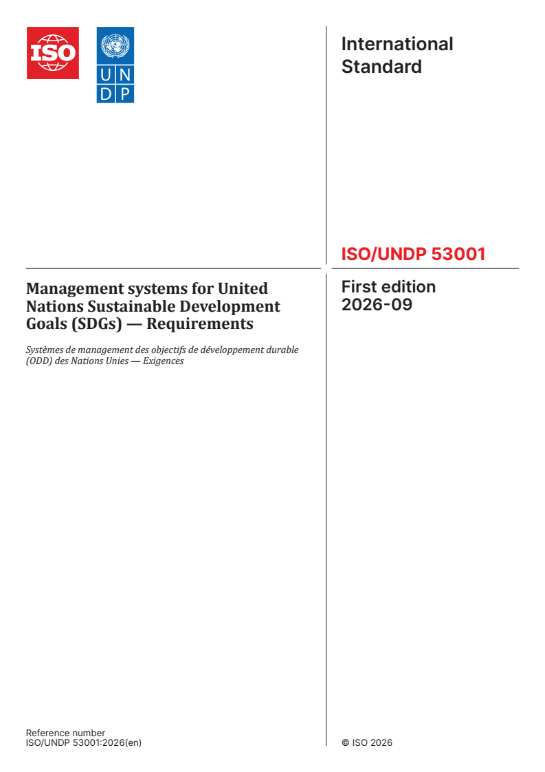 ISO/UNDP 53001:2026 ISO/UNDP 53001:2026 - Management systems for United Nations Sustainable Development Goals (SDGs) — Requirements - Page 1 preview