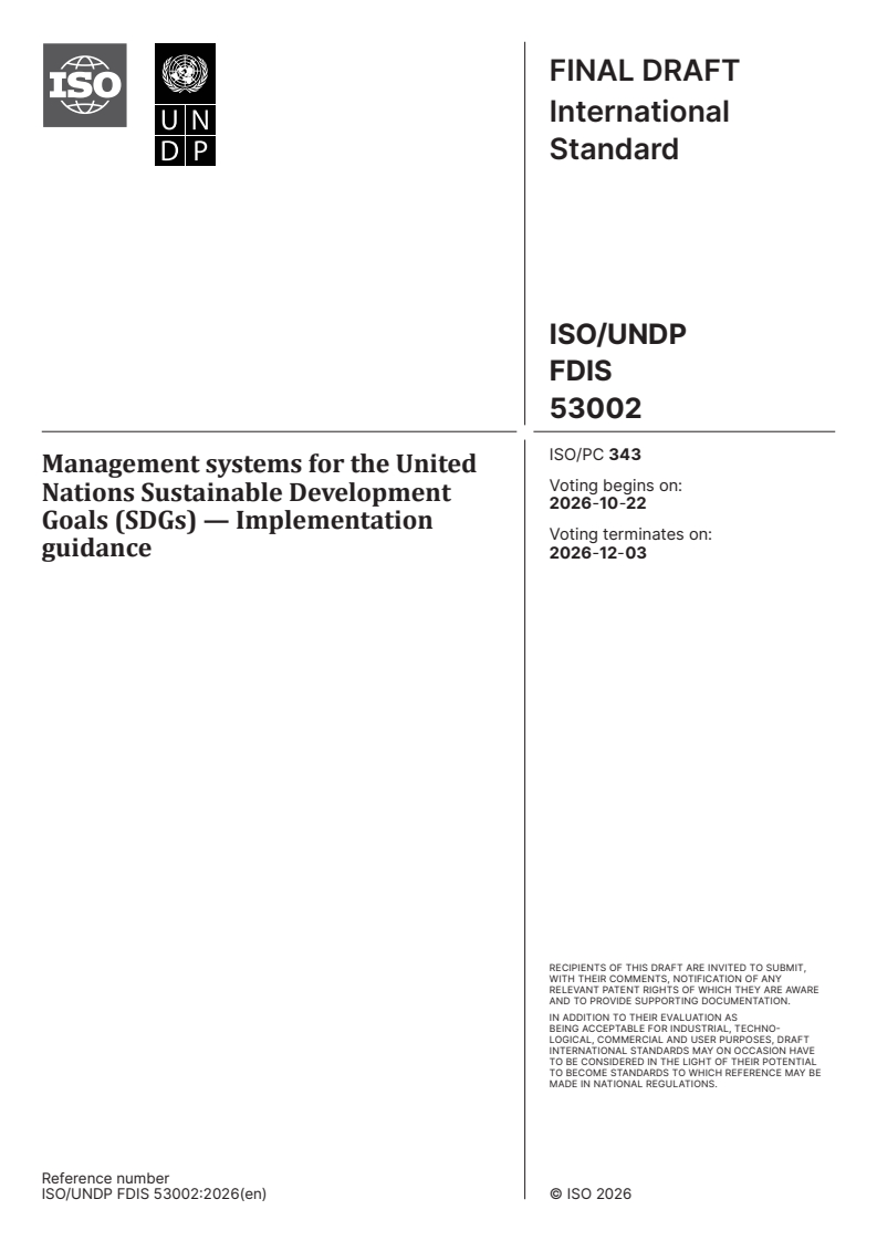 ISO/UNDP FDIS 53002 ISO/UNDP FDIS 53002 - Management systems for the United Nations Sustainable Development Goals (SDGs) — Implementation guidance - Page 1 preview