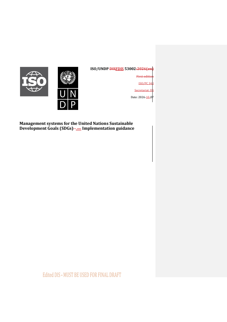 ISO/UNDP FDIS 53002 REDLINE ISO/UNDP FDIS 53002 - Management systems for the United Nations Sustainable Development Goals (SDGs) — Implementation guidance - Page 1 preview
