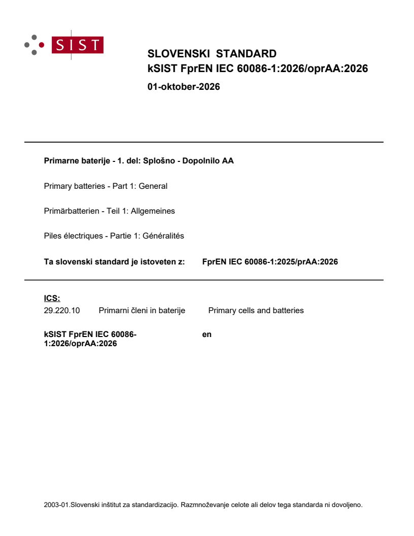 FprEN IEC 60086-1:2025/prAA:2026 k FprEN IEC 60086-1:2026/oprAA:2026 - Page 1 preview