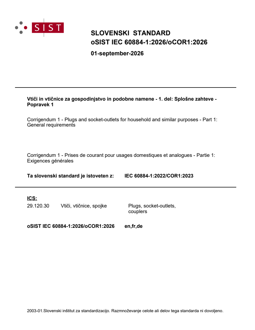 IEC 60884-1:2022/COR1:2023 IEC 60884-1:2026/oCOR1:2026 - Page 1 preview