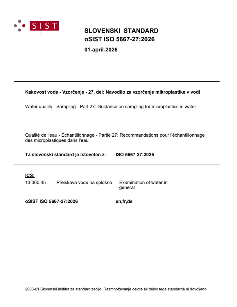 oSIST ISO 5667-27:2026 oSIST ISO 5667-27:2026 - Page 1 preview
