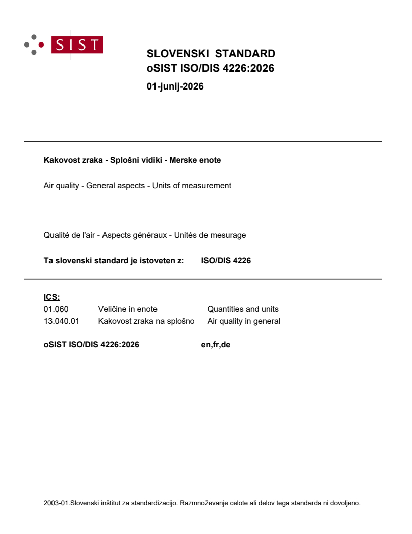 SIST ISO 4226:2026 oSIST ISO/DIS 4226:2026 - Page 1 preview