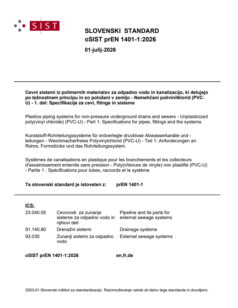 oSIST prEN 1401-1:2026 oSIST prEN 1401-1:2026 - Page 1 preview