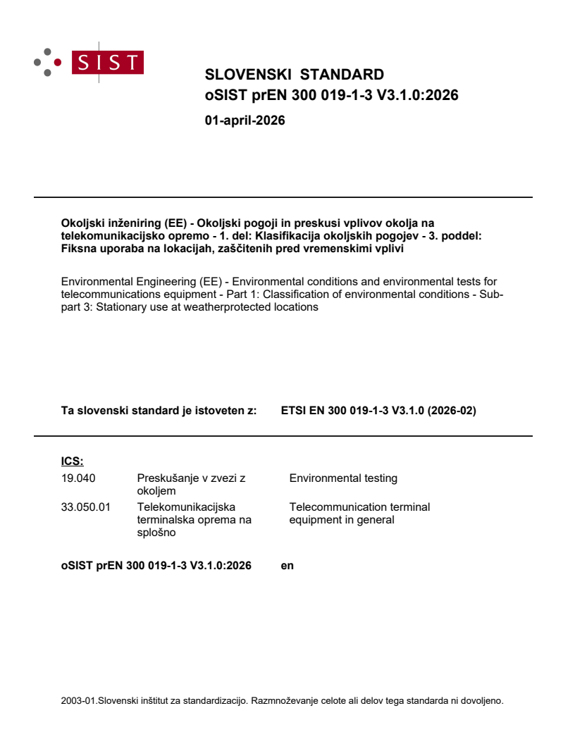 SIST EN 300 019-1-3 V3.1.1:2026 oSIST prEN 300 019-1-3 V3.1.0:2026 - Page 1 preview