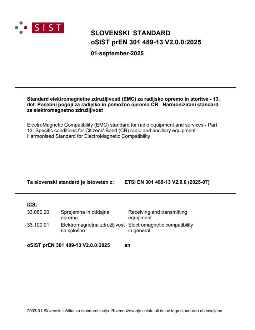 oSIST prEN 301 489-13 V2.0.0:2025 - BARVE