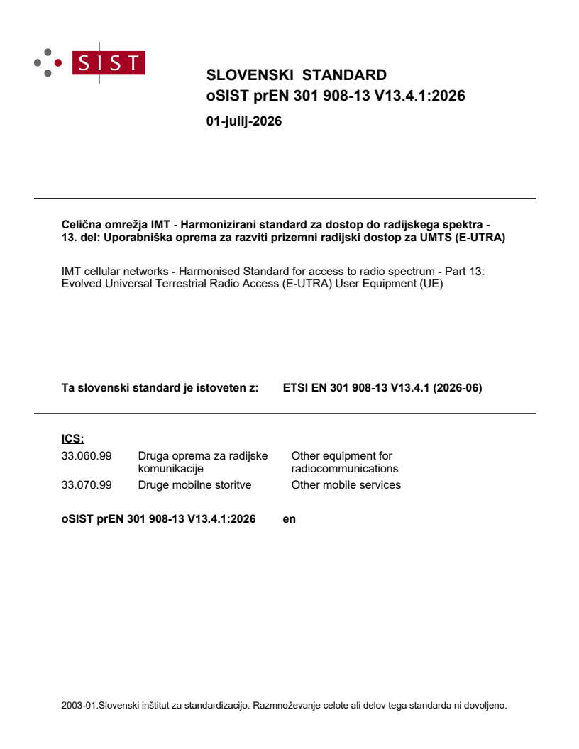 SIST EN 301 908-13 V13.4.1:2026 oSIST prEN 301 908-13 V13.4.1:2026 - BARVE - Page 1 preview