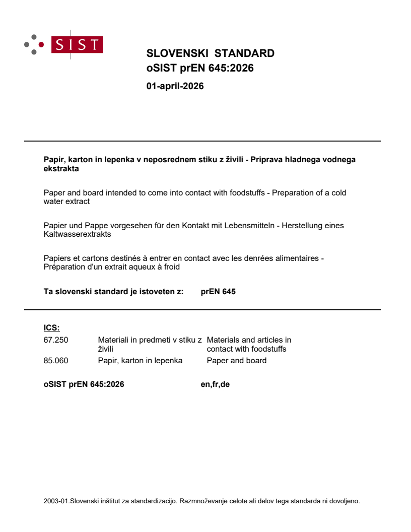 prEN 645 prEN 645:2026 - Page 1 preview