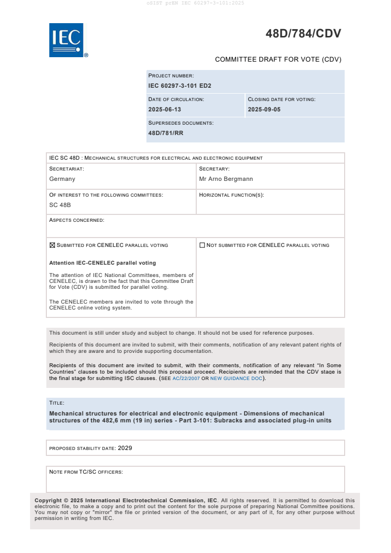 prEN IEC 60297-3-101:2025 - BARVE