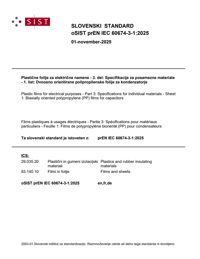 oSIST prEN IEC 60674-3-1:2025