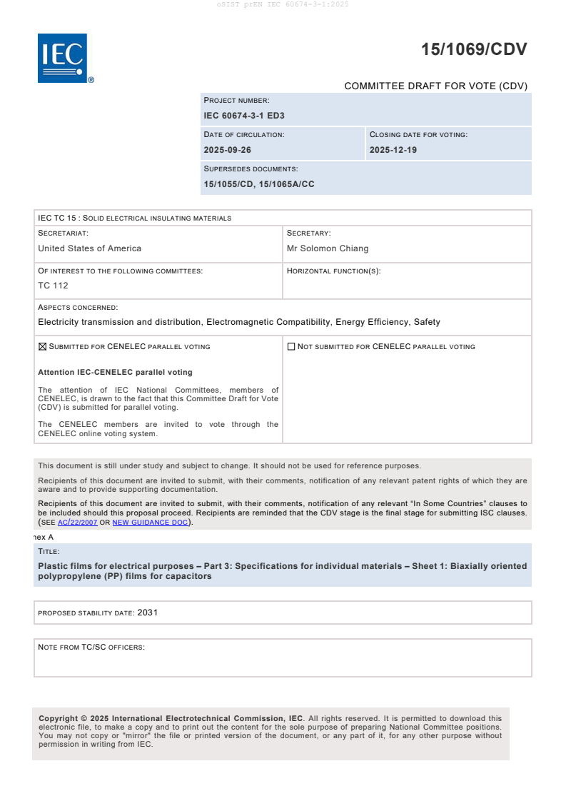 oSIST prEN IEC 60674-3-1:2025