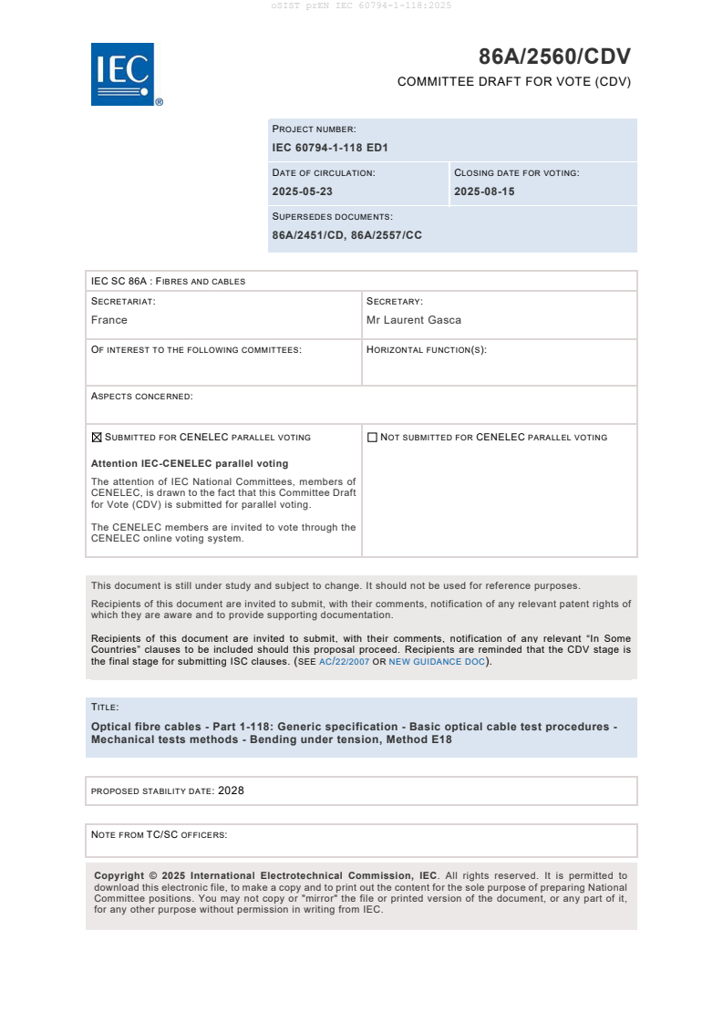prEN IEC 60794-1-118:2025 - BARVE